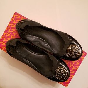 Tory Burch Black Patent Leather Caroline Flats